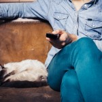 A young man is sitting on a sofa with a cat and is watching television